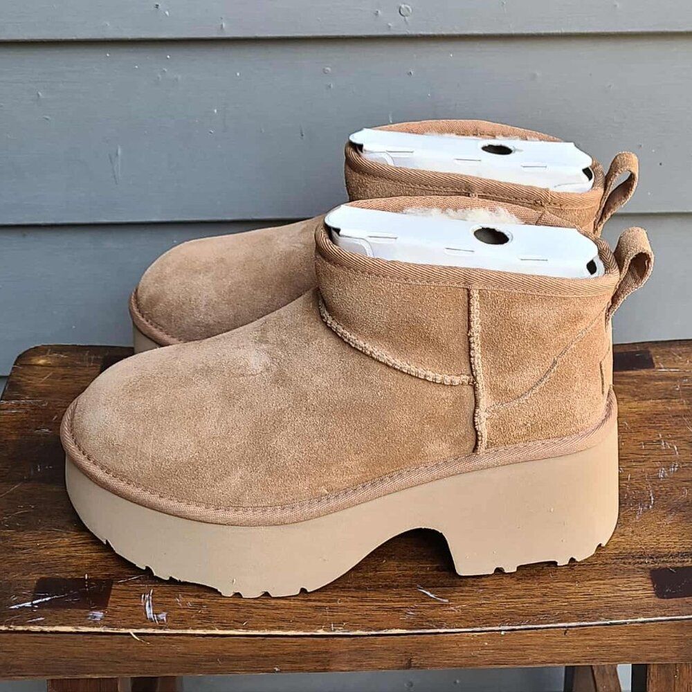 UGG New Heights Ultra Mini Platform Boots NWT! NEW! size 8 Suede Shearling - Picture 2 of 13